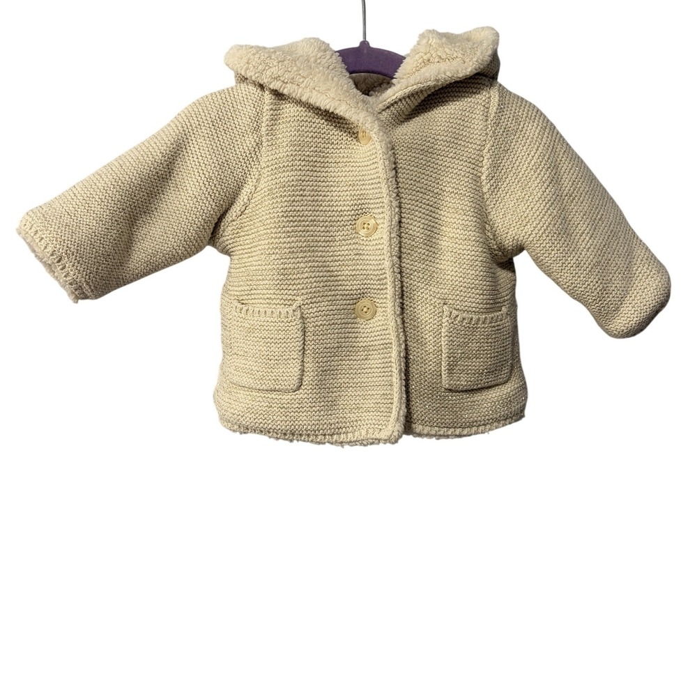 Baby Gap Cream Gold Sparkle Knit Sherpa Lined Bear Ear Hooded Jacket 3-6 Months